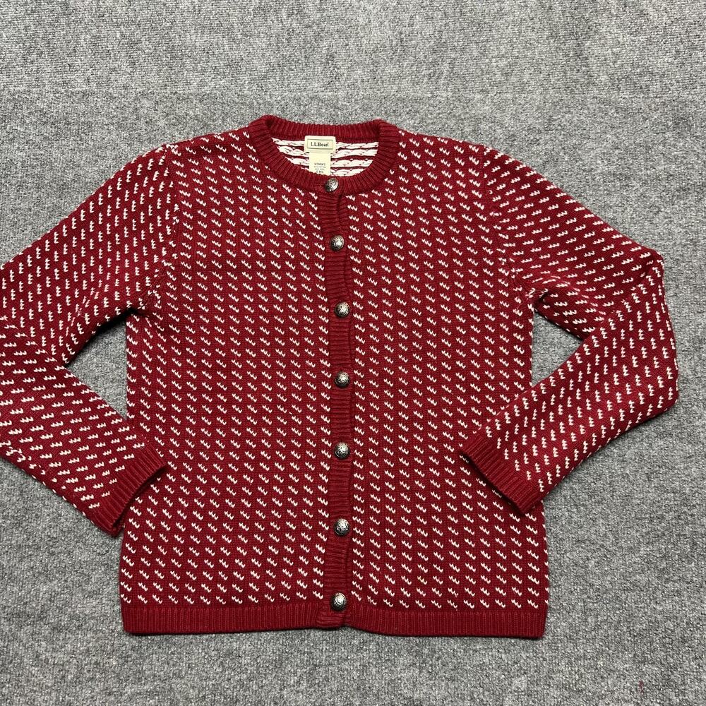 LL Bean Cardigan Sweater Womens Small Red Cotton Wool Geometric Button Crewneck